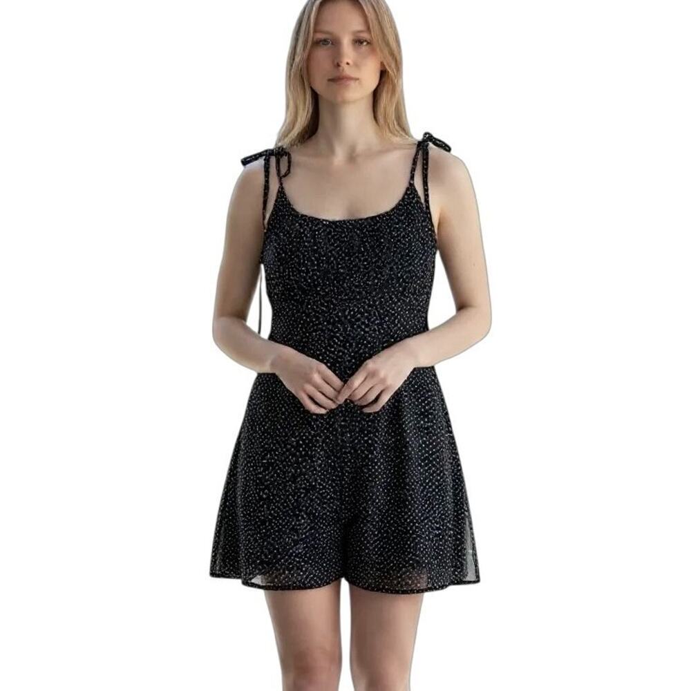 LA Hearts Women's Romper S Black Floral Daisy Print Shirred Tie Spaghetti Strap